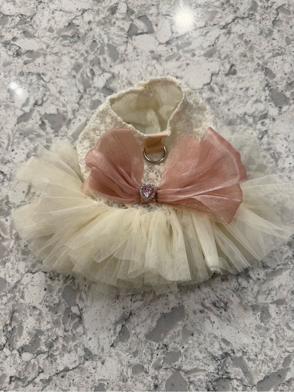 Ivory Tulle Pet Dress with Pink Bow. XS